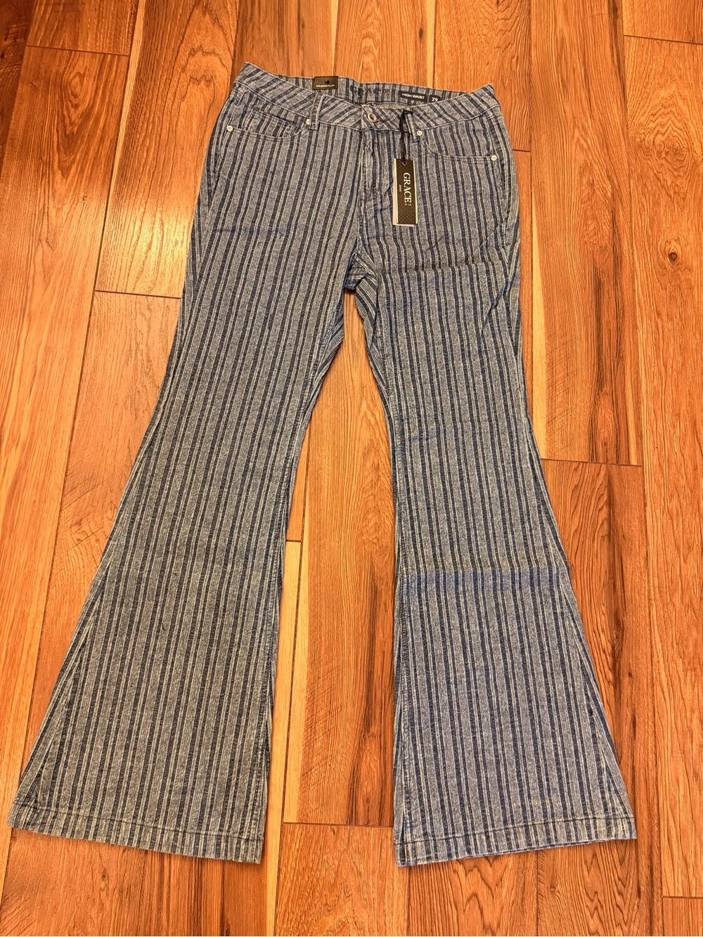 Grace Blue Striped Flare Jeans - Women's